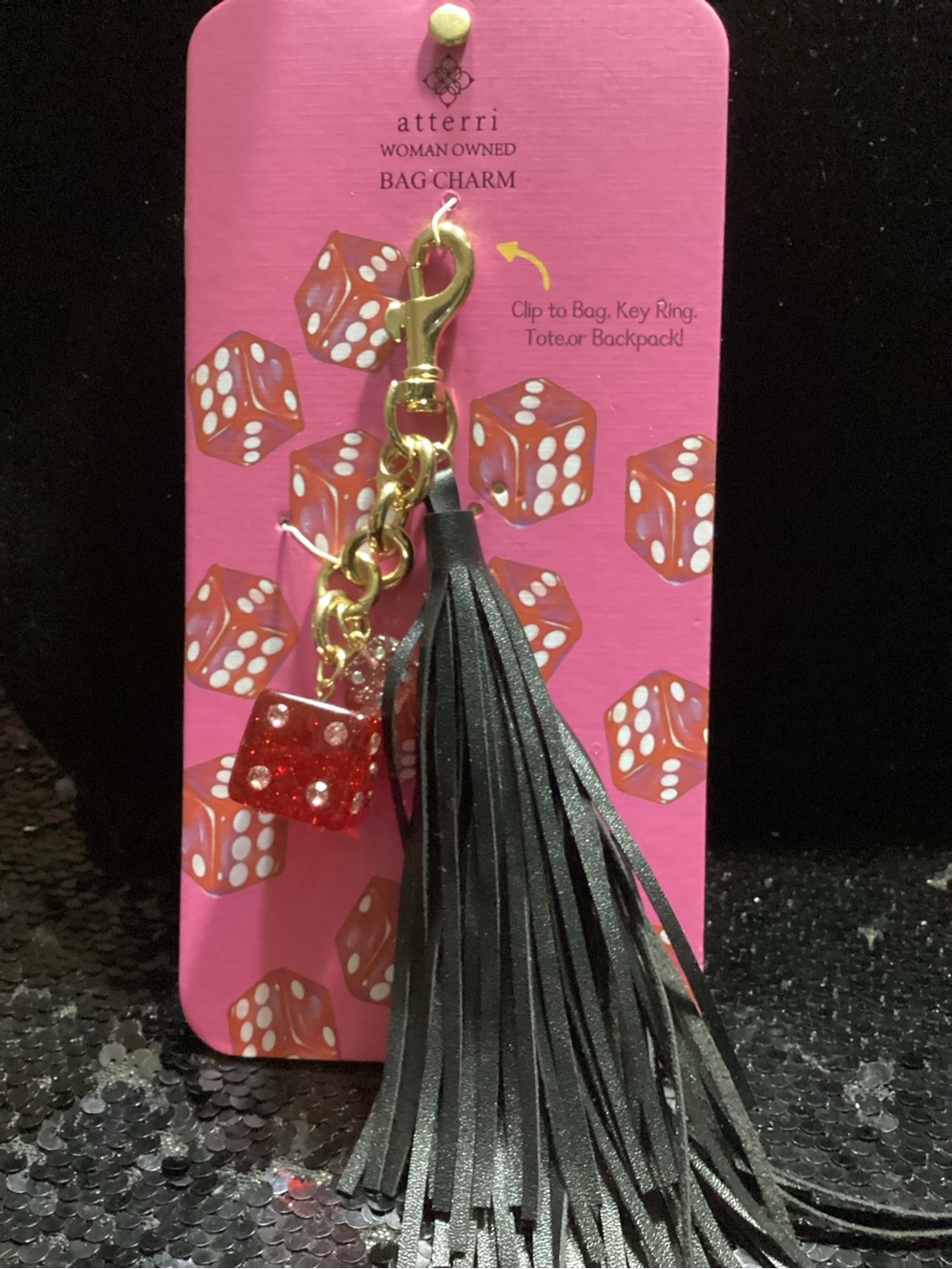 atterri Black Tassel Keychain with Red Dice Charm